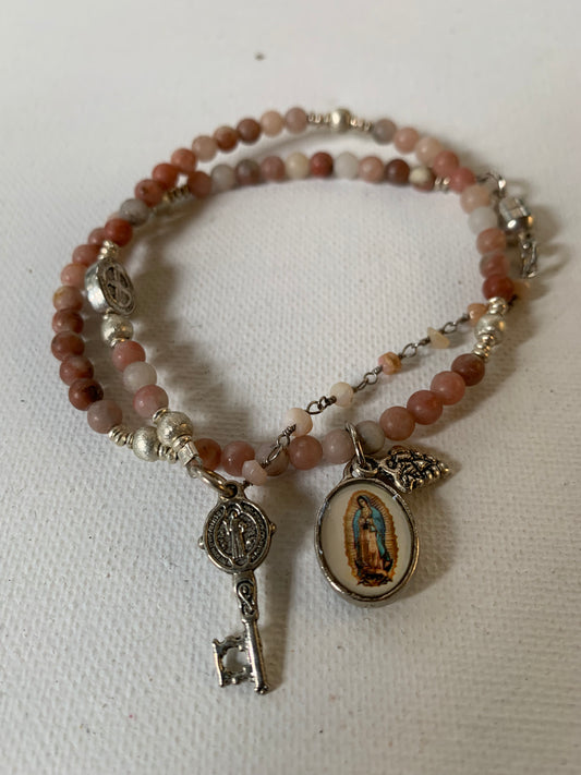 7in Pink Peruvian Opal Wrap Around Travel Rosary w/ Mary Pendant