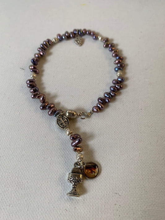 9in Purple Oval Pearl Travel Rosary Bracelet w/ Jesus Pendant
